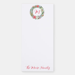 Watercolor Poinsettia Christmas Wreath Monogram Magnetic Notepad