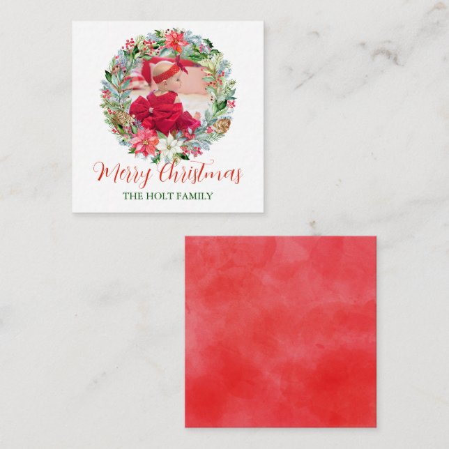 Watercolor Poinsettia Christmas Wreath Photo Gift Note Card (Front/Back)