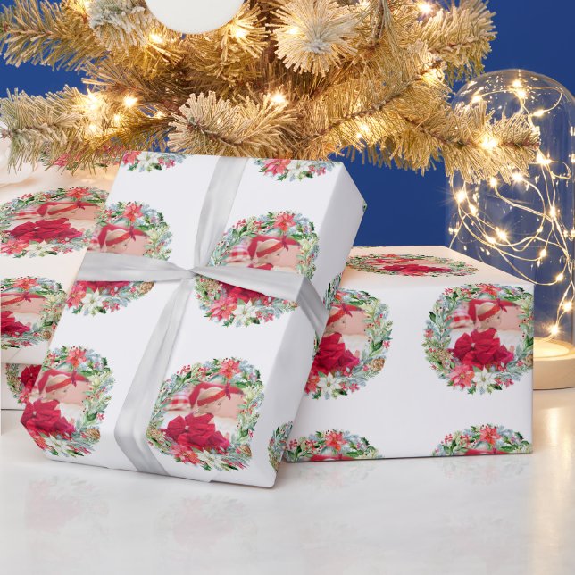 Watercolor Poinsettia Christmas Wreath Photo Wrapping Paper (Holidays)