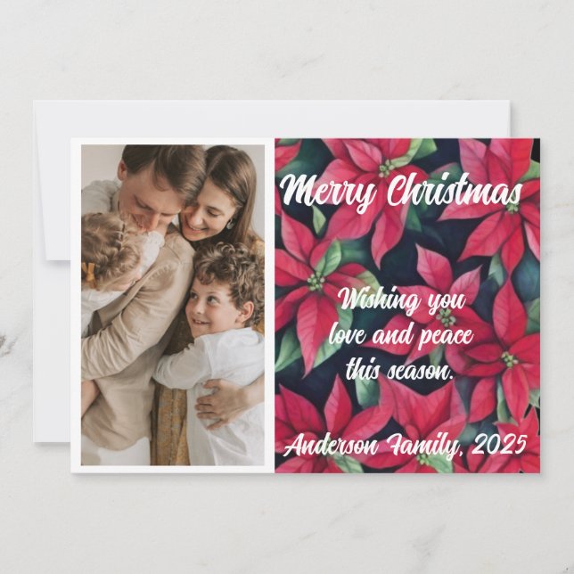 Watercolor Poinsettia Custom Photo Christmas  Holiday Card (Front)