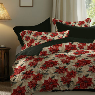 Watercolor Poinsettia Duvet Rustic Christmas Charm Cover