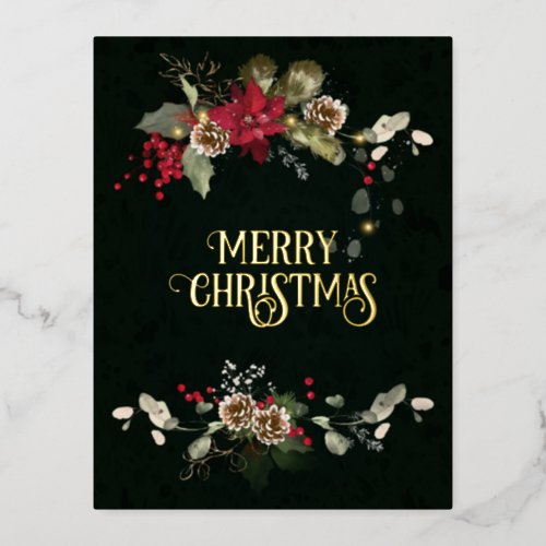 Watercolor Poinsettia  Eucalyptus Merry Christmas Foil Holiday Postcard