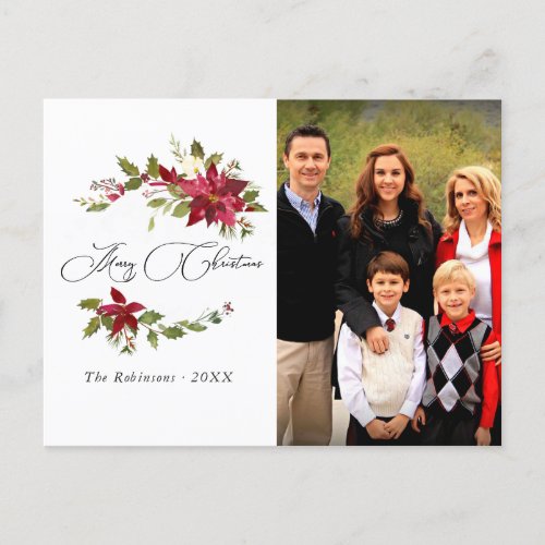 Watercolor Poinsettia Family Christmas photo Holiday Postcard