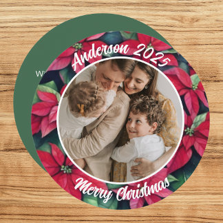 Watercolor Poinsettia Family Christmas Round Holiday Card
