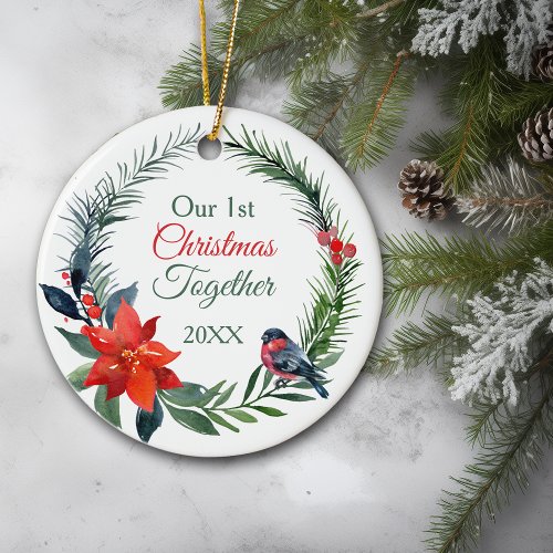 Watercolor Poinsettia First Christmas Together Ceramic Ornament