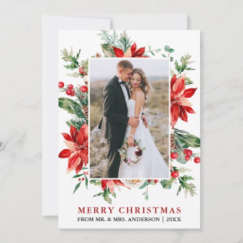 Watercolor Poinsettia Floral Christmas Newlywed Holiday Card