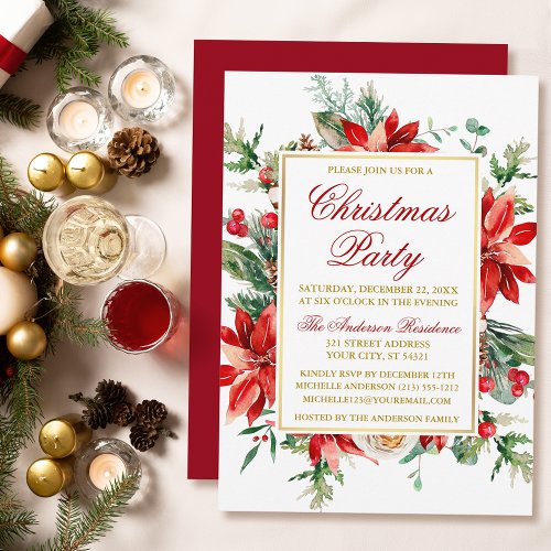 Watercolor Poinsettia Floral Christmas Party Gold Invitation