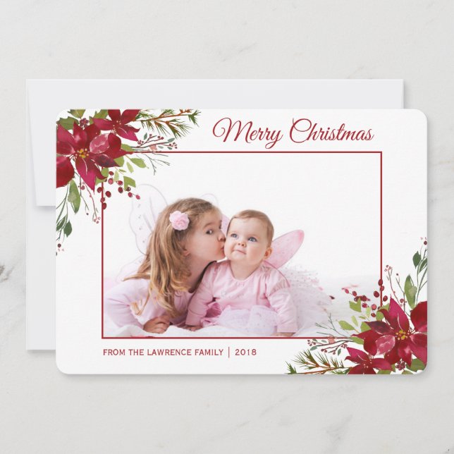 Watercolor Poinsettia Floral Christmas Photo Holiday Card (Front)