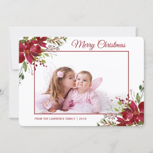 Watercolor Poinsettia Floral Christmas Photo Holiday Card