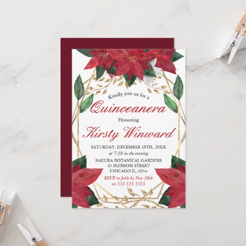 Watercolor Poinsettia Floral Christmas Quinceanera Invitation