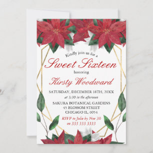 Watercolor Poinsettia Floral Christmas Sweet 16 Invitation