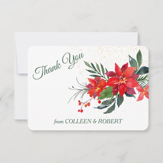 Watercolor Poinsettia Floral Christmas Wedding Thank You Card (Front)