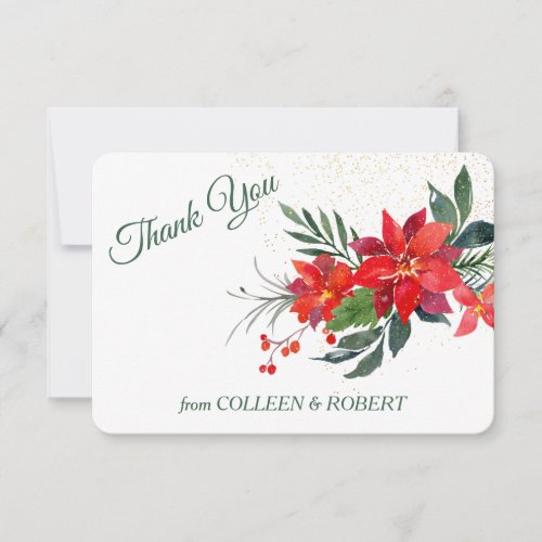 Watercolor Poinsettia Floral Christmas Wedding Thank You Card