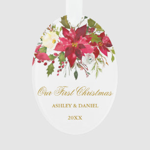 Watercolor Poinsettia Floral First Christmas Gld Ornament