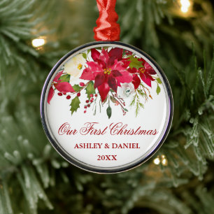 Watercolor Poinsettia Floral First Christmas Round Metal Ornament