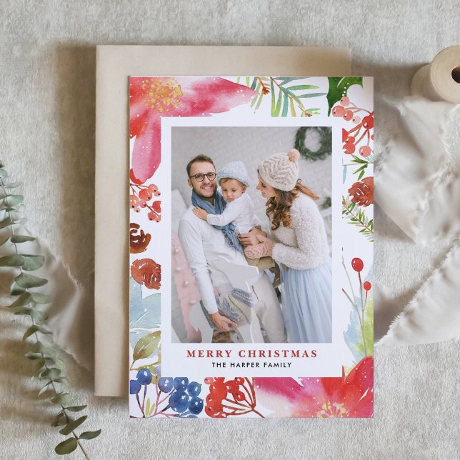 Watercolor Poinsettia Floral Frame Photo Christmas Holiday Card (Creator Uploaded)