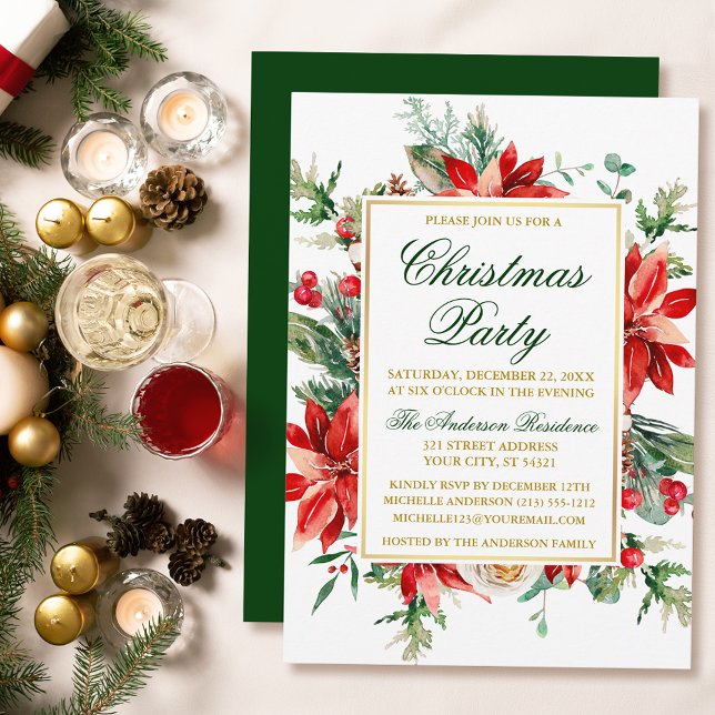 Watercolor Poinsettia Floral Gold Christmas Party Invitation (Customize to change text size, text style or color of back of card.)