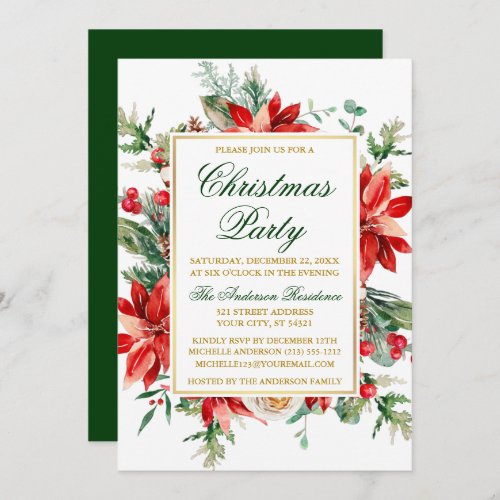 Watercolor Poinsettia Floral Gold Christmas Party Invitation