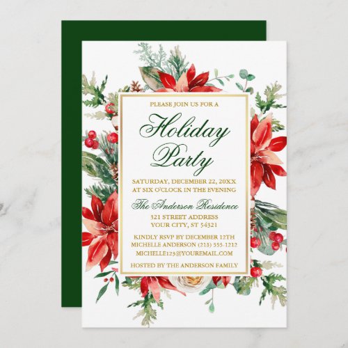 Watercolor Poinsettia Floral Gold Holiday Party Invitation