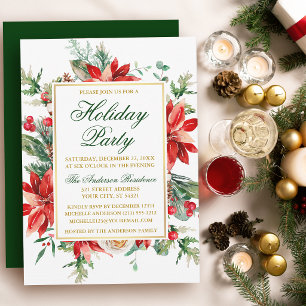Watercolor Poinsettia Floral Gold Holiday Party Invitation