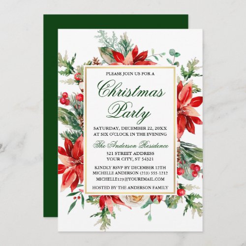 Watercolor Poinsettia Floral Green Christmas Party Invitation