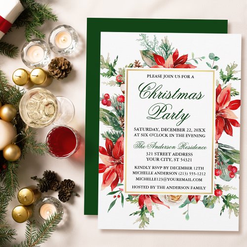 Watercolor Poinsettia Floral Green Christmas Party Invitation