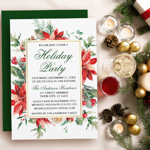 Watercolor Poinsettia Floral Green Holiday Party Invitation