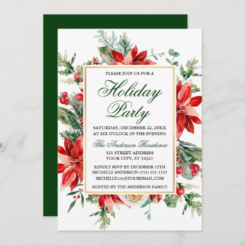 Watercolor Poinsettia Floral Green Holiday Party Invitation