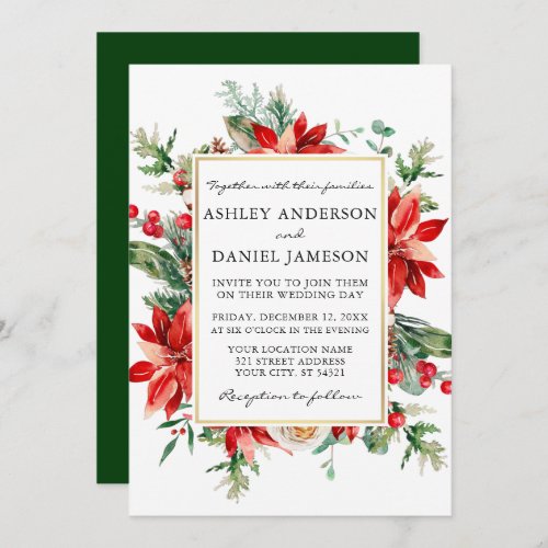 Watercolor Poinsettia Floral Green Wedding Invitation