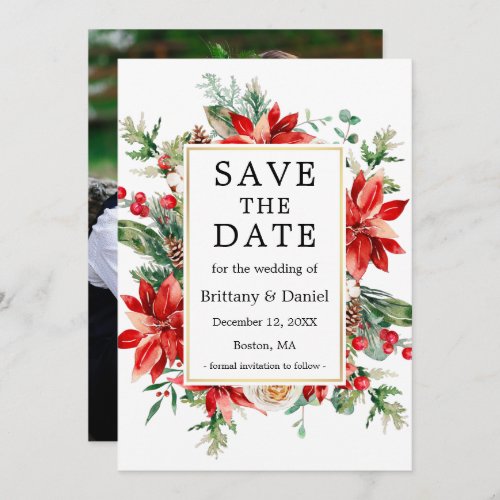 Watercolor Poinsettia Floral Greenery Photo Save The Date