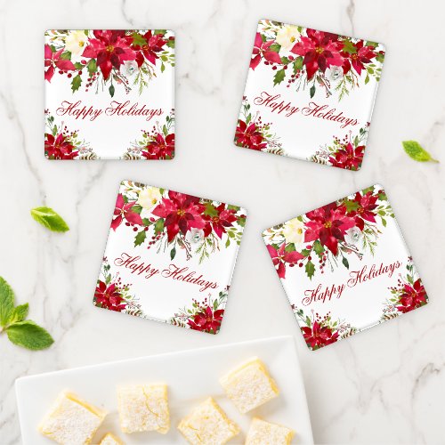 Watercolor Poinsettia Floral Happy Holidays Coaster Set