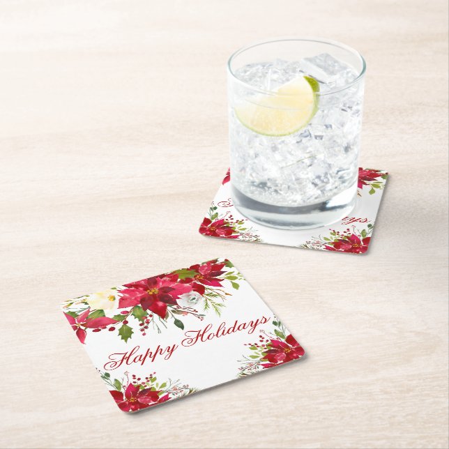 Watercolor Poinsettia Floral Happy Holidays Square Paper Coaster (Insitu)