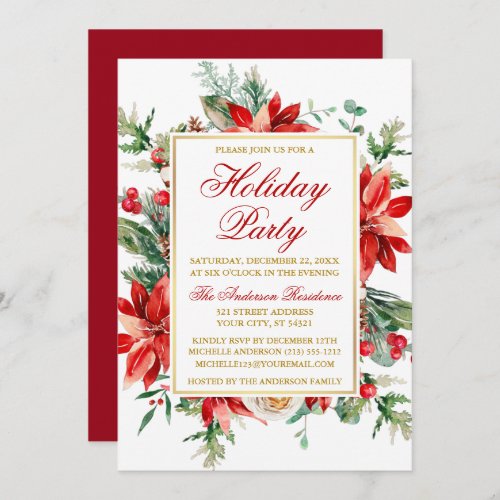 Watercolor Poinsettia Floral Holiday Party Gold Invitation