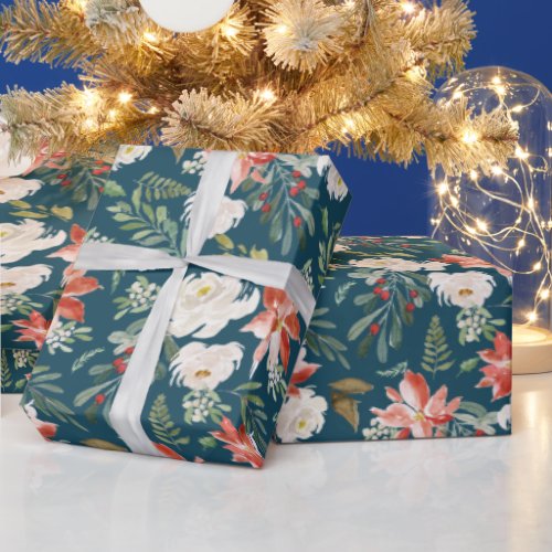 Watercolor Poinsettia Floral Holiday Season Wrapping Paper