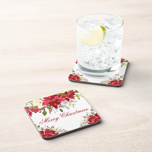 Watercolor Poinsettia Floral Merry Christmas Beverage Coaster (Right Side)