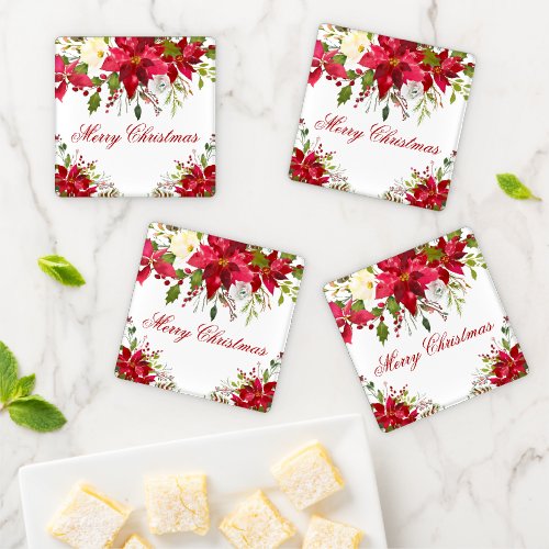 Watercolor Poinsettia Floral Merry Christmas Coaster Set