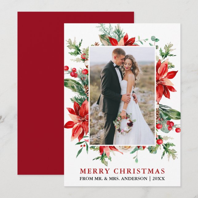 Watercolor Poinsettia Floral Newlywed Christmas Holiday Card (Front/Back)