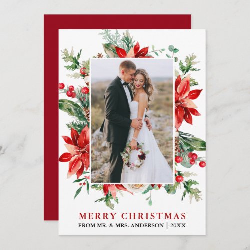 Watercolor Poinsettia Floral Newlywed Christmas Holiday Card