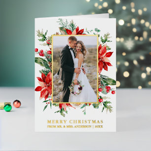 Watercolor Poinsettia Floral Newlywed Elegant Gold Foil Holiday Card