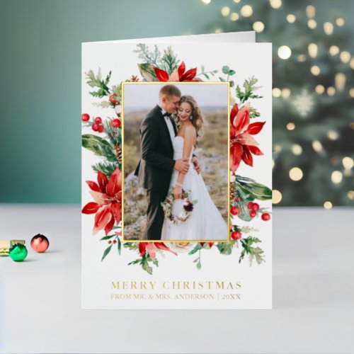 Watercolor Poinsettia Floral Newlywed Elegant Gold Foil Holiday Card