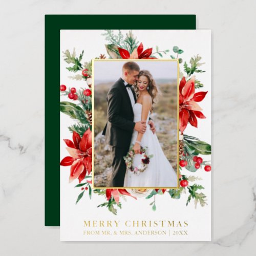 Watercolor Poinsettia Floral Newlywed Green Gold Foil Holiday Card