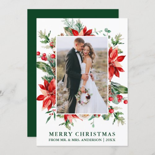 Watercolor Poinsettia Floral Newlywed Green Holiday Card