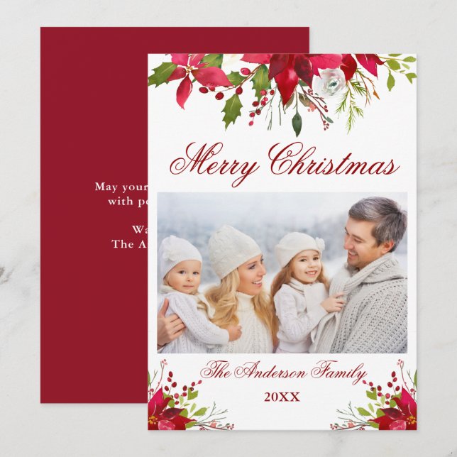 Watercolor Poinsettia Floral Photo Christmas Card (Front/Back)