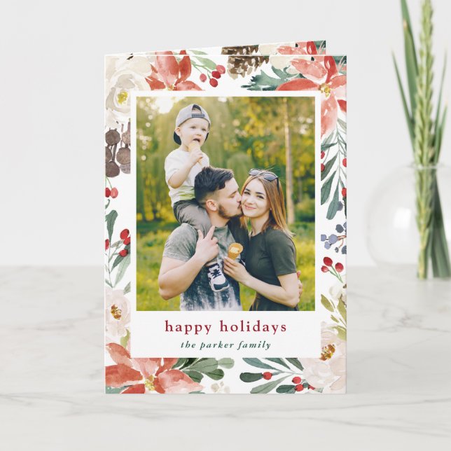 Watercolor Poinsettia Floral Photo Christmas Holiday Card (Front)