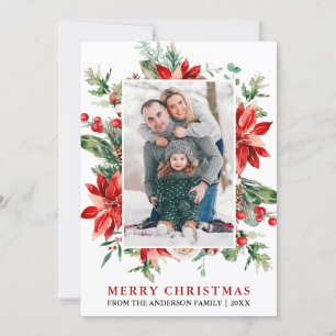 Watercolor Poinsettia Floral Photo Christmas Holiday Card