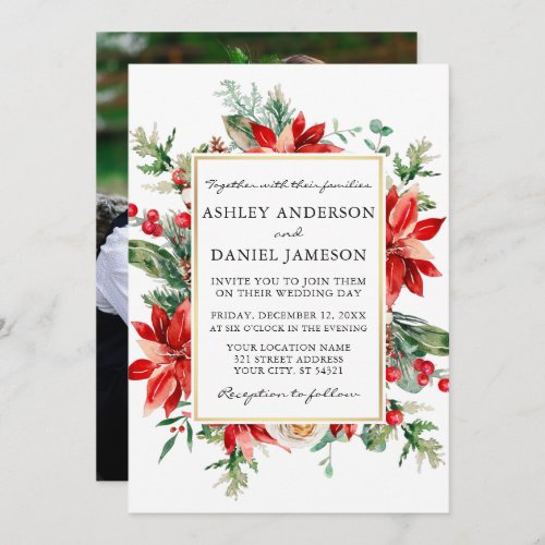Watercolor Poinsettia Floral Photo Wedding Invitation