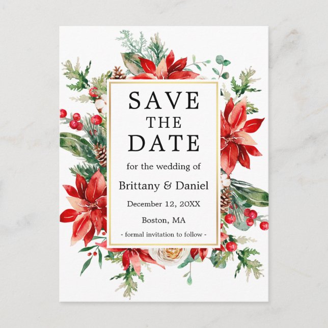 Watercolor Poinsettia Floral Save The Date Postcard (Front)