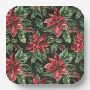 Watercolor Poinsettia flower Christmas Paper Plates