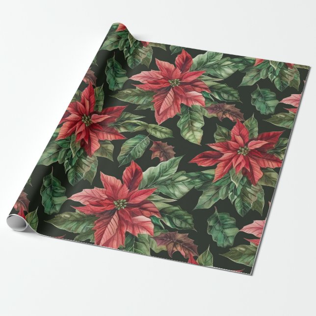  watercolor Poinsettia flower Christmas Pattern  Wrapping Paper (Unrolled)