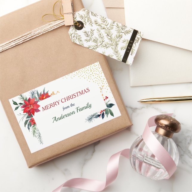 Watercolor Poinsettia Flower Holly Christmas Rectangular Sticker (Gifting)